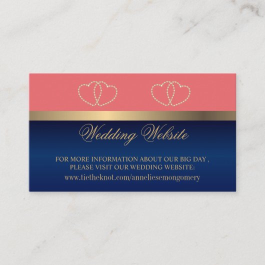 Website zu Coral und Navy Blue Gold Hearts Begleitkarte (Vorderseite)