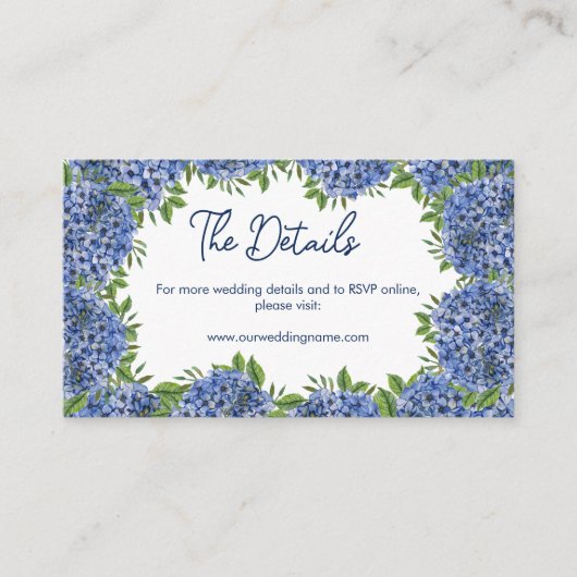 Website zum Hochzeitssehen mit Blue Hydrangeas Wat Begleitkarte (Vorderseite)