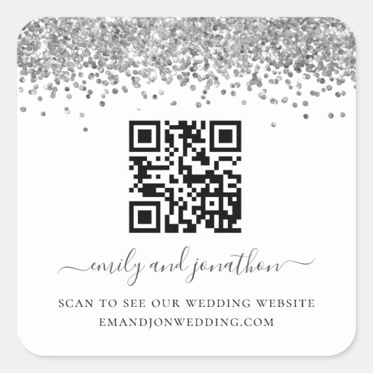 Website zum Hochzeitssehen von Silver Glitzer QR C Quadratischer Aufkleber (Vorderseite)