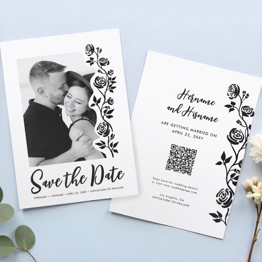 Website zum niedlichen Foto Schwarz-weiße Rose QR- Save The Date