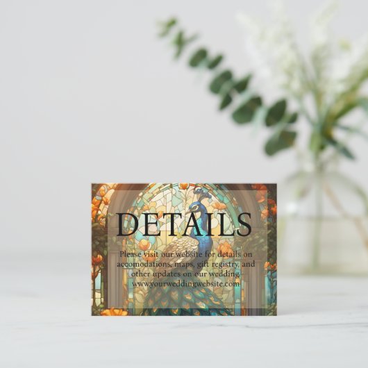 Website zum Thema "Peacock Wedding Stached Glass" Begleitkarte (Stehend Vorderseite)