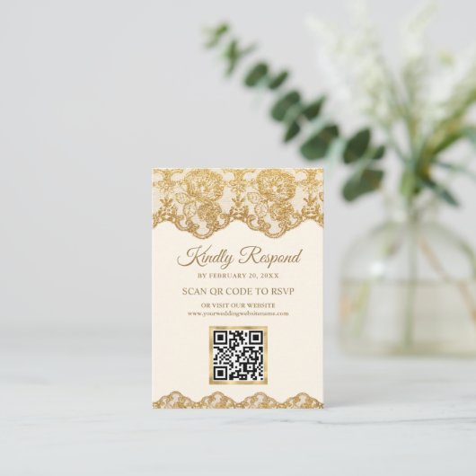 Website zur Hochzeit von Cream Gold Foil Lace QR C Begleitkarte (Stehend Vorderseite)