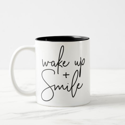 WECK UP AND SMILE Moderne niedliche Hand schwarz g Zweifarbige Tasse (Links)