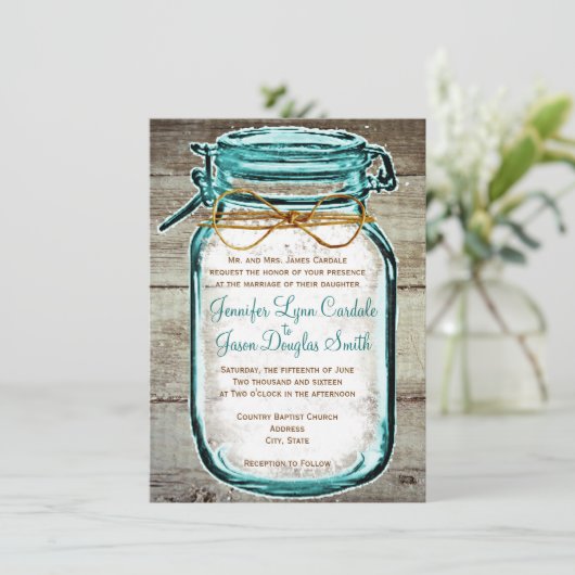 Weckglas-Scheunen-hölzerne rustikale Einladung (Stehend Vorderseite)