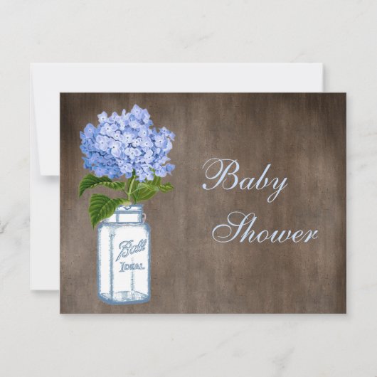 Weckglas-u. blauer Hydrangea-rustikale Babyparty Einladung (Vorderseite)