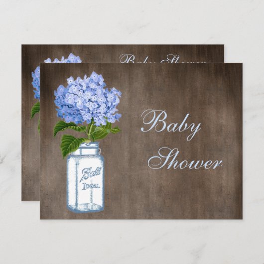 Weckglas-u. blauer Hydrangea-rustikale Babyparty Einladung (Vorne/Hinten)