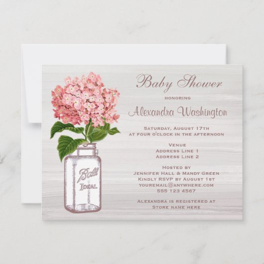 Weckglas-u. rosa Hydrangea-rustikale Babyparty Einladung (Rückseite)