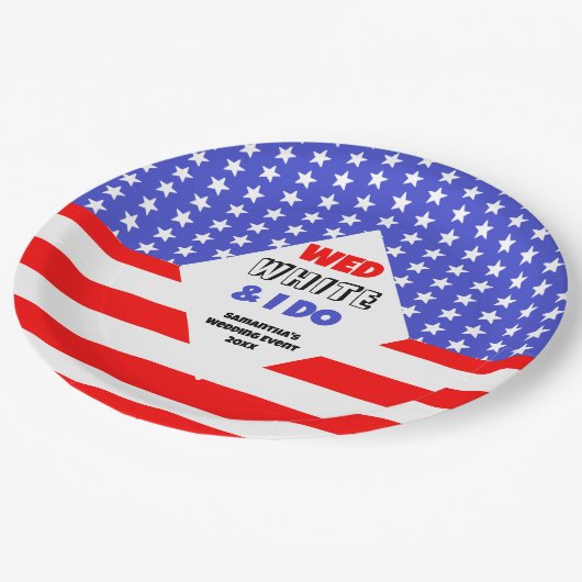 Wed, White & I Do Patriotic Wedding Event Pappteller (Schrägansicht)