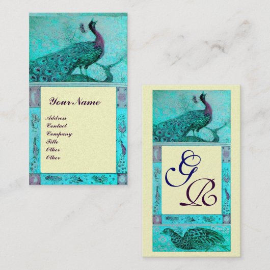 WEDD LIEBE PEACOCK MONOGRAM Aqua Blue Elfenbeinküs Visitenkarte (Vorne/Hinten)