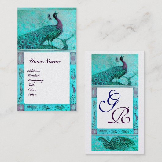 WEDD LIEBE PEACOCKS MONOGRAM Aquamarines Aqua Blue Visitenkarte (Vorne/Hinten)