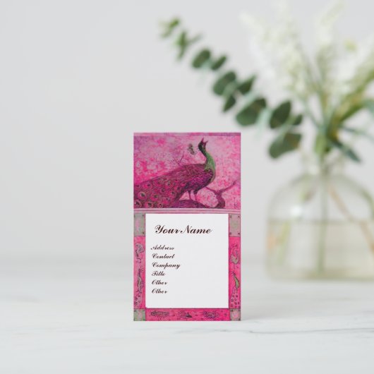 WEDD LIEBE PEACOCKS MONOGRAM Pink Fuchsia White Visitenkarte (Stehend Vorderseite)