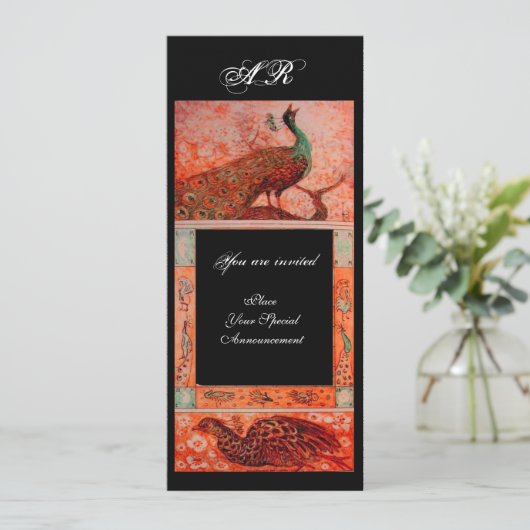 WEDD LIEBE PEACOCKS MONOGRAMM Rot Orange Einladung (Stehend Vorderseite)