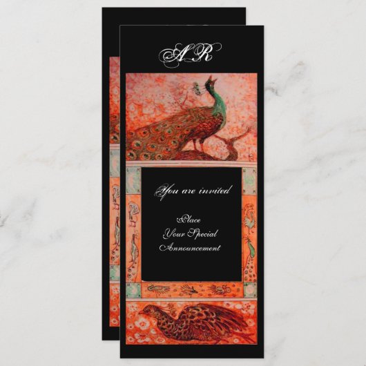 WEDD LIEBE PEACOCKS MONOGRAMM Rot Orange Einladung (Vorne/Hinten)