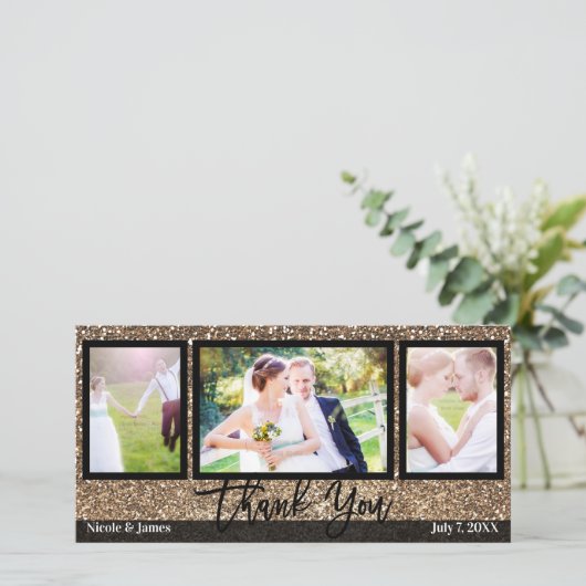 Wedding 3 Foto Picture Bronze Glitzer Vielen Dank Dankeskarte (Stehend Vorderseite)