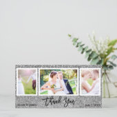 Wedding 3 Foto Picture Silver Glitzer Vielen Dank Dankeskarte (Stehend Vorderseite)