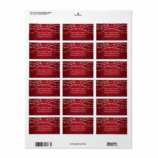 Wedding Address Sparkling String Red Adressaufkleber (Vorne)