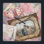 Wedding Anniversary Pink Heart Locket Your Photos Quadratische Wanduhr<br><div class="desc">Create your own commemorative collage with this beautiful design featuring an antique pink, heart-shaped locket for your individual photos, and a gorgeous baroque picture frame for your larger photo. A Paris postcard holds your custom name, event or other text. Lovely pink carnation flowers in the background. Replace the sample photos...</div>