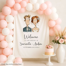 Wedding Banner Watercolor Newlyweds Quirky Couple Wandteppich
