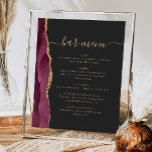 Wedding Bar Menu Burgundy Gold Agate Dark Poster<br><div class="desc">Ein elegantes Zeichen für Ihr Hochzeitsmenü. Die Wörter "Bar menu" werden in goldfarbener Handschriftenkalligrafie mit Swashes am Anfang und Ende angezeigt, darunter mit anpassbarem Text. Ein bordeauxrotes Aquarelldesign mit vergoldetem Imitat Glitzer schmückt den links Rahmen auf einem schwarzen Tonschiefer. In unserer Kollektion finden Sie die passende Hochzeitseinladung und das Tagesgeschäft....</div>