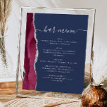 Wedding Bar Menu Burgundy Silver Agate Navy Blue P Poster<br><div class="desc">Ein elegantes Zeichen für Ihr Hochzeitsmenü. Die Worte "Bar menu" erscheinen in silbergrauer Handschrift Kalligrafie mit Swashes am Anfang und Ende, mit anpassbarem Text unten. Ein bordeauxrotes Aquarelldesign mit silberfarbenem Glitzer aus Imitat schmückt den links Rahmen auf marineblau Hintergrund. In unserer Kollektion finden Sie die passende Hochzeitseinladung und das Tagesgeschäft....</div>