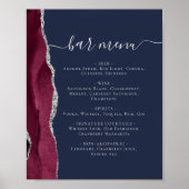 Wedding Bar Menu Burgundy Silver Agate Navy Blue P Poster (Vorne)