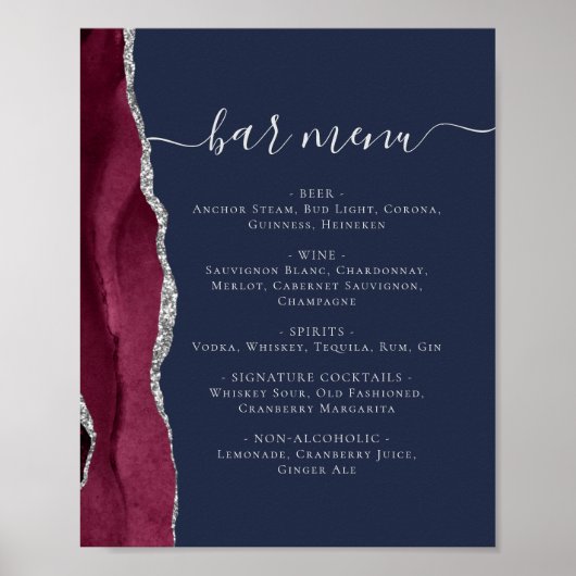 Wedding Bar Menu Burgundy Silver Agate Navy Blue P Poster (Vorne)