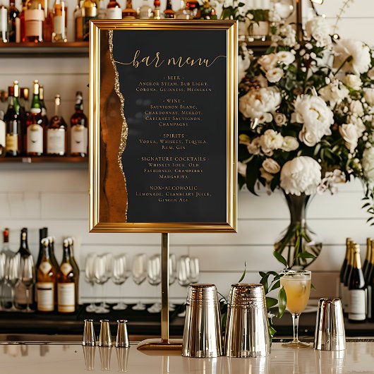 Wedding Bar Menu Burnt Orange Gold Agate Dark Poster