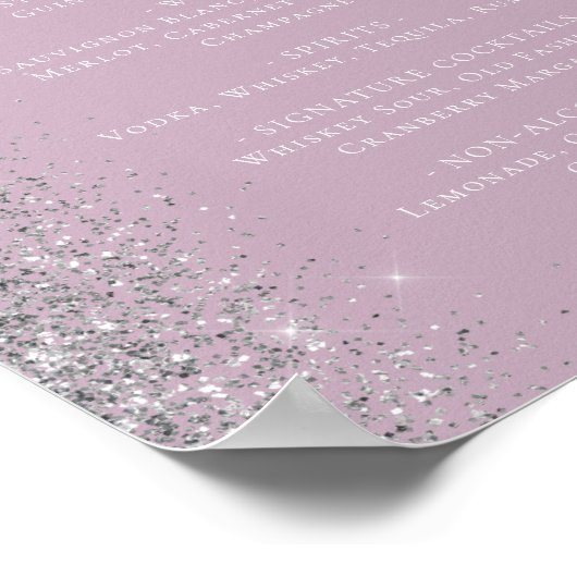 Wedding Bar Menu Dusty Lilac Silver Glitzer Poster (Ecke)