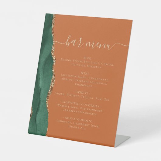 Wedding Bar Menu Emerald Green Agate Burnt Orange Sockelschild (Vorderseite)