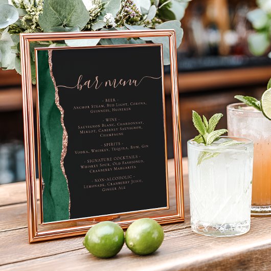 Wedding Bar Menu Emerald Rose Gold Agate Dark Poster