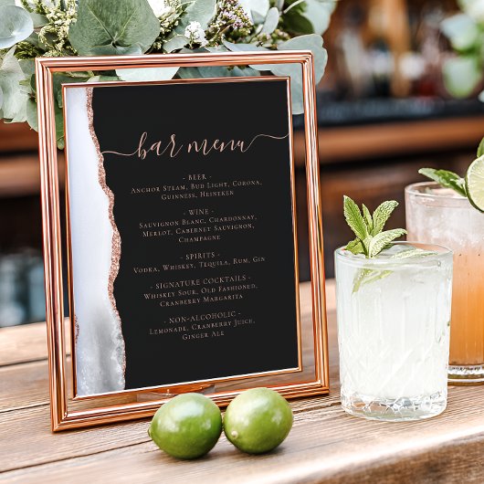 Wedding Bar Menu Gray Rose Gold Agate Dark Poster