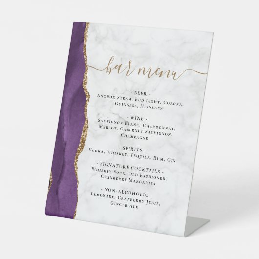 Wedding Bar Menu Purple Gold Agate Marble Sockelschild (Vorderseite)