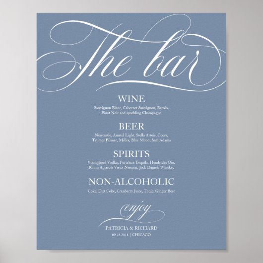Wedding Bar Menu Sign Chic Dusty Blue Poster (Vorne)