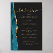 Wedding Bar Menu Teal Blue Gold Agate Dark Poster (Vorne)