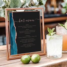 Wedding Bar Menu Teal Blue Rose Gold Agate Dark Poster
