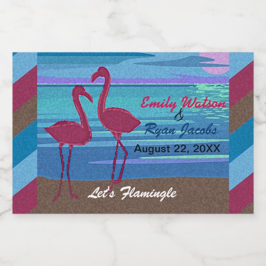 Wedding Beach bei Dusk Let's Flamingle Flaming Schaumweinetikett (Einzelnes Label)