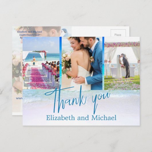 Wedding Beach Blue Ocean 3 Foto Elegant Vielen Dan Postkarte (Vorne/Hinten)