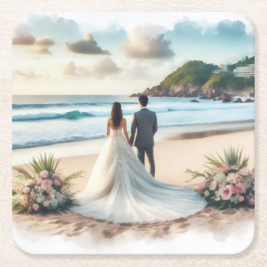 Wedding Beach Couple Rechteckiger Pappuntersetzer (Vorderseite)