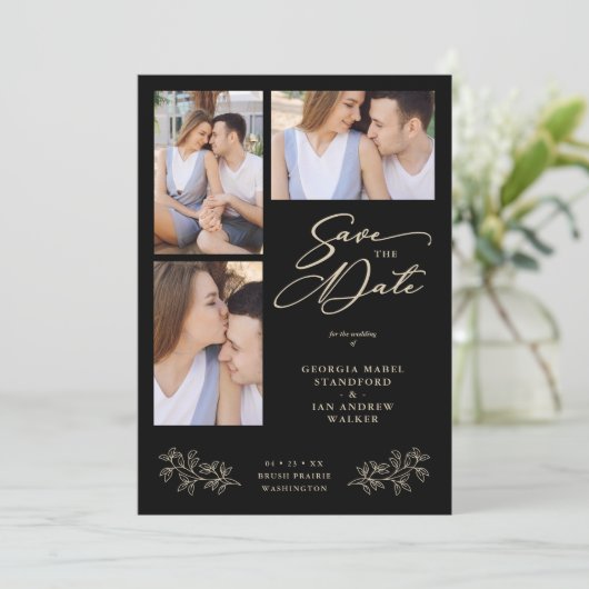 Wedding Black 3 Photos Collage Fancy Branches Save The Date (Stehend Vorderseite)