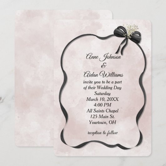Wedding Black Bow and Ribbon on Watercolor Einladung (Vorne/Hinten)