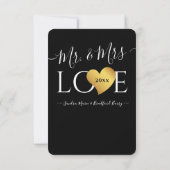 Wedding Black Gold Heart Script Name Mr. und Mrs. Dankeskarte (Rückseite)
