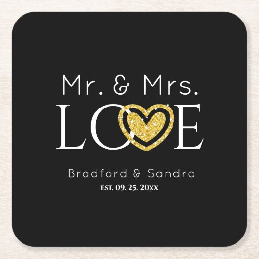 Wedding Black Gold Heart Script Name Mr. und Mrs. Rechteckiger Pappuntersetzer (Vorderseite)
