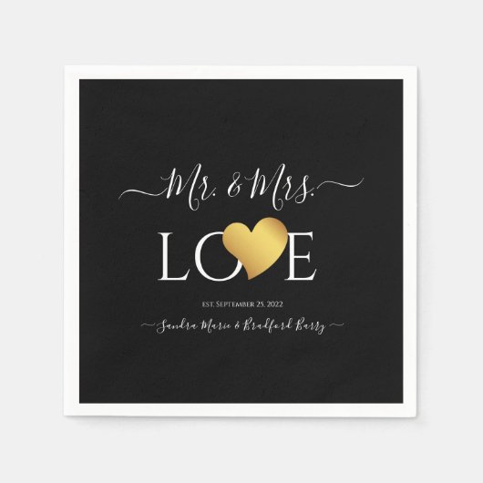Wedding Black Gold Heart Script Name Mr. und Mrs. Serviette (Vorderseite)