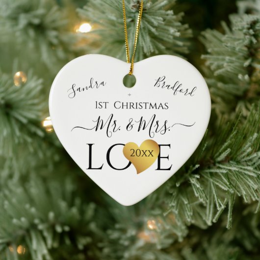 Wedding Black Gold Heart Weihnachten Name Mr. Ce Keramik Ornament (Baum)