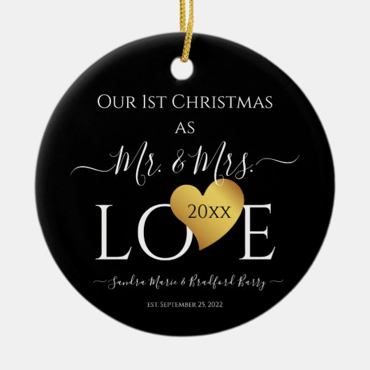 Wedding Black Gold Heart Weihnachten Name Mr. Mrs. Keramik Ornament (Vorne)