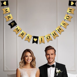 Wedding Black Imitats Gold hört Nachname & Nachnam Wimpelkette