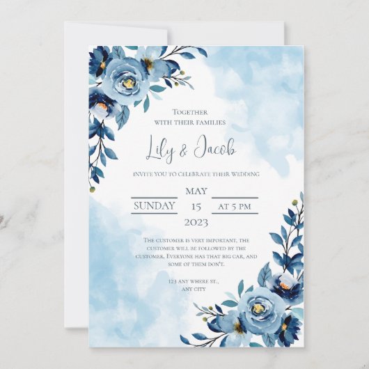 Wedding Blue Blume Bouquet Einladung (Vorderseite)