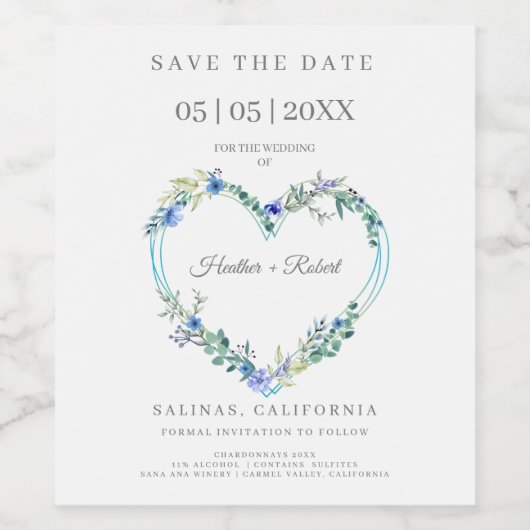 Wedding Blue Shades Floral Heart for Save the Date Weinetikett (Einzelnes Label)