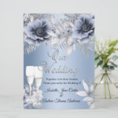 Wedding Blue Silver Floral Bouquet Champagne Einladung (Stehend Vorderseite)