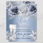 Wedding Blue Silver Floral Bouquet Champagne Einladung (Vorne/Hinten)